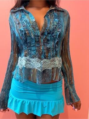 Vintage Sheer Aqua Lace-Trim Button Shirt